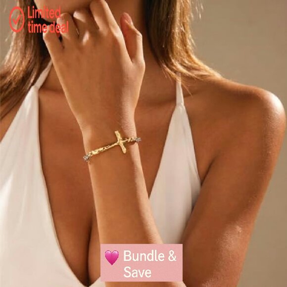 Adjustable Link Chain Bracelet with Textured Cross Pendant for Women - Picture 6 of 8